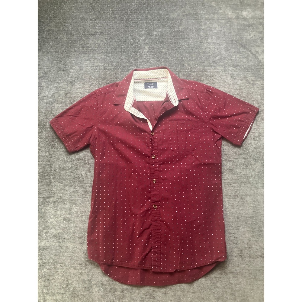 Level Ten Modern Shirt Men Small Maroon White Polka Dot Short Sleeve Button Down